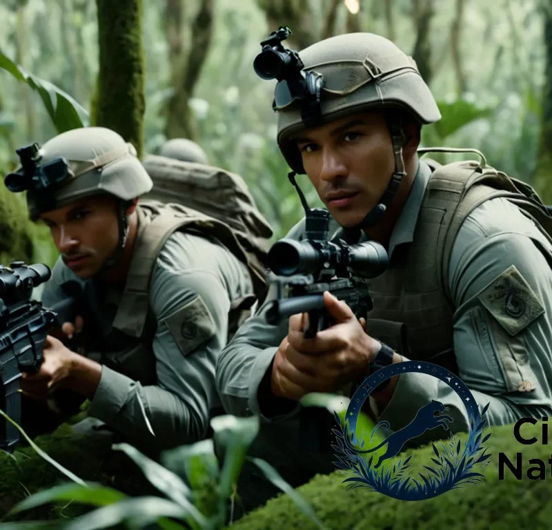 "The image should show a stealthy military squad using camouflage and vegetation as cover