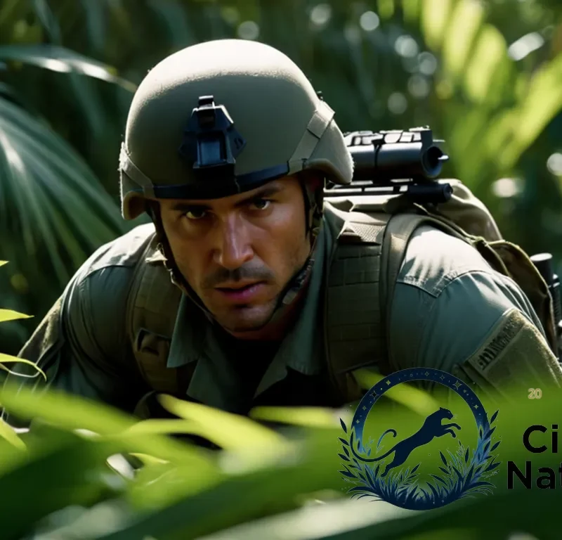 The image should show a close-up of a stealthy commando in full military gear