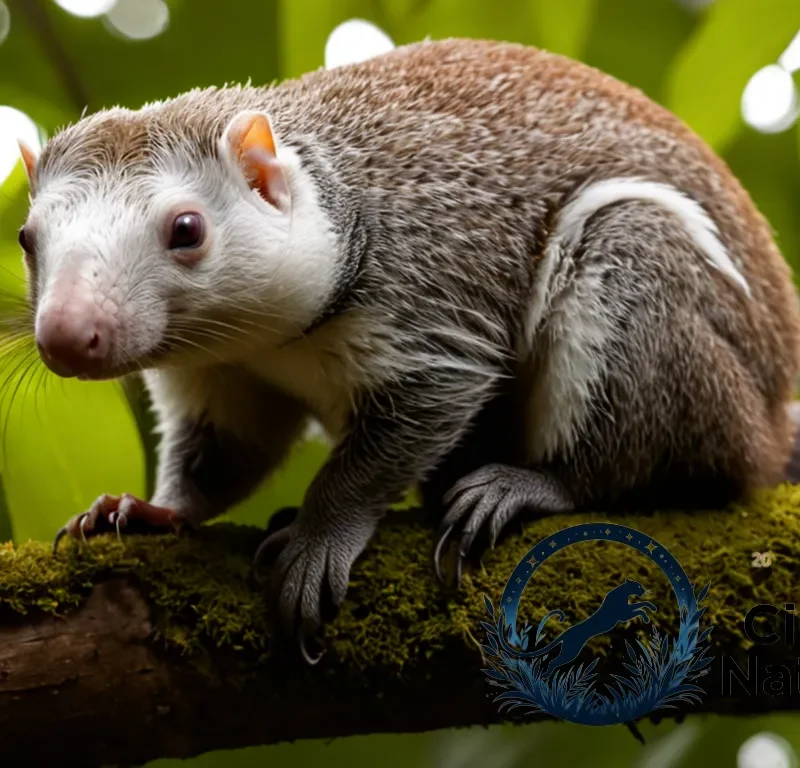 "The image should show: A sleek Gray Silky Anteater (Cyclopes didactylus) nestled between tangled roots of a fallen kapok tree in the midst of the Amazon rainforest