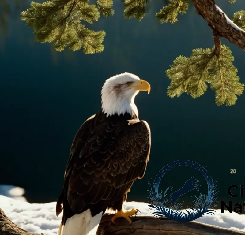 "The image should show a majestic and fierce American Bald Eagle (Haliaeetus leucocephalus) perched atop a gnarled tree branch overhanging a serene lake