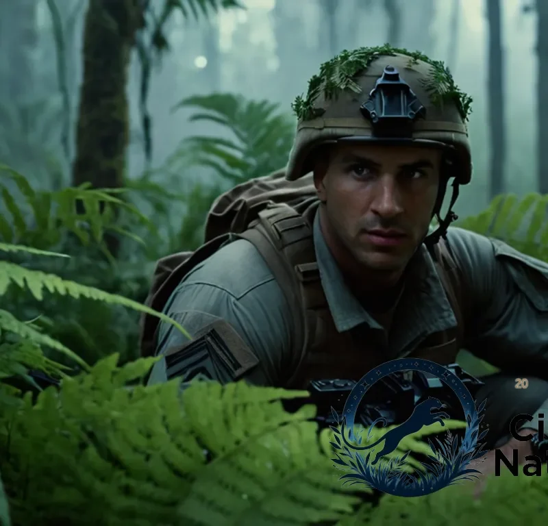 The image should show a ruggedly attired soldier crouched behind a thick