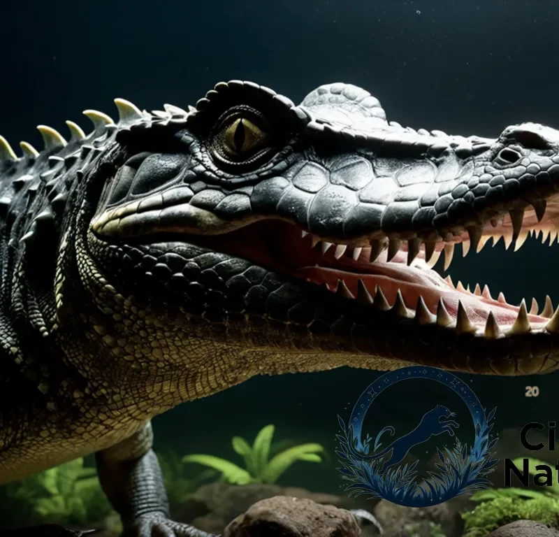 "The image should show a majestic Black Caimán (Melanosuchus niger) submerged in murky