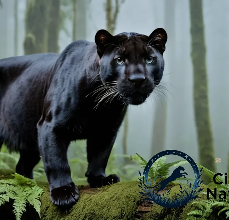 "The image should show a majestic Pantera Nebluisa perched on a moss-covered tree trunk in a misty Asian temperate rainforest