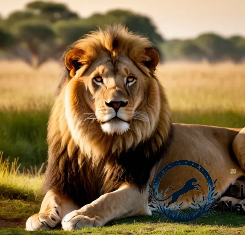 "The image should show a majestic león set against a vibrant savannah backdrop