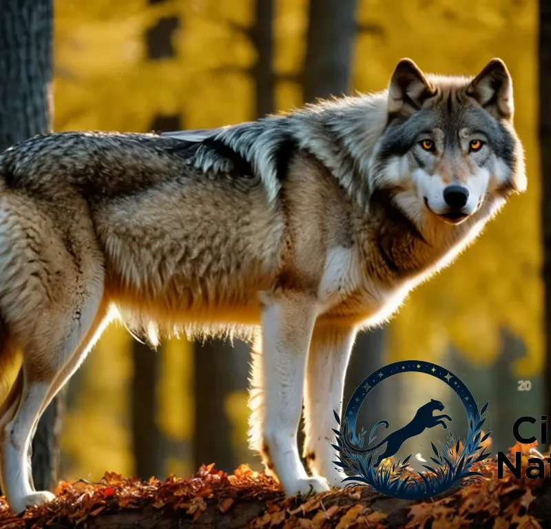 The image should show a gray wolf standing confidently at the edge of a dense forest