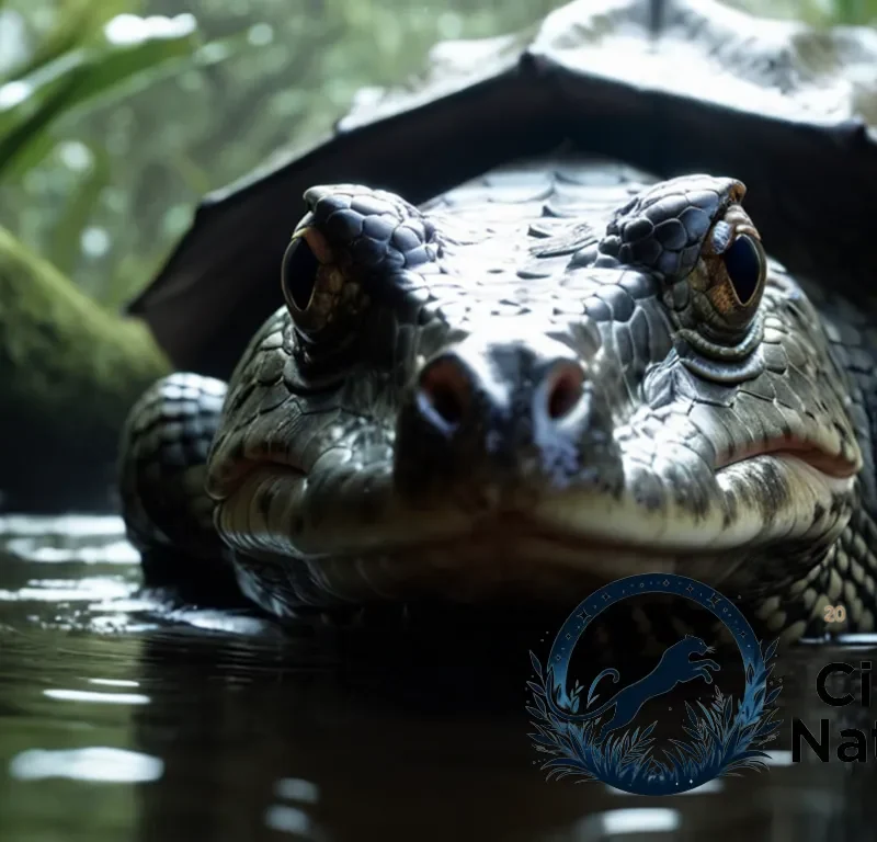 "The image should show a close-up of a caimán's scaly snout barely submerged in murky