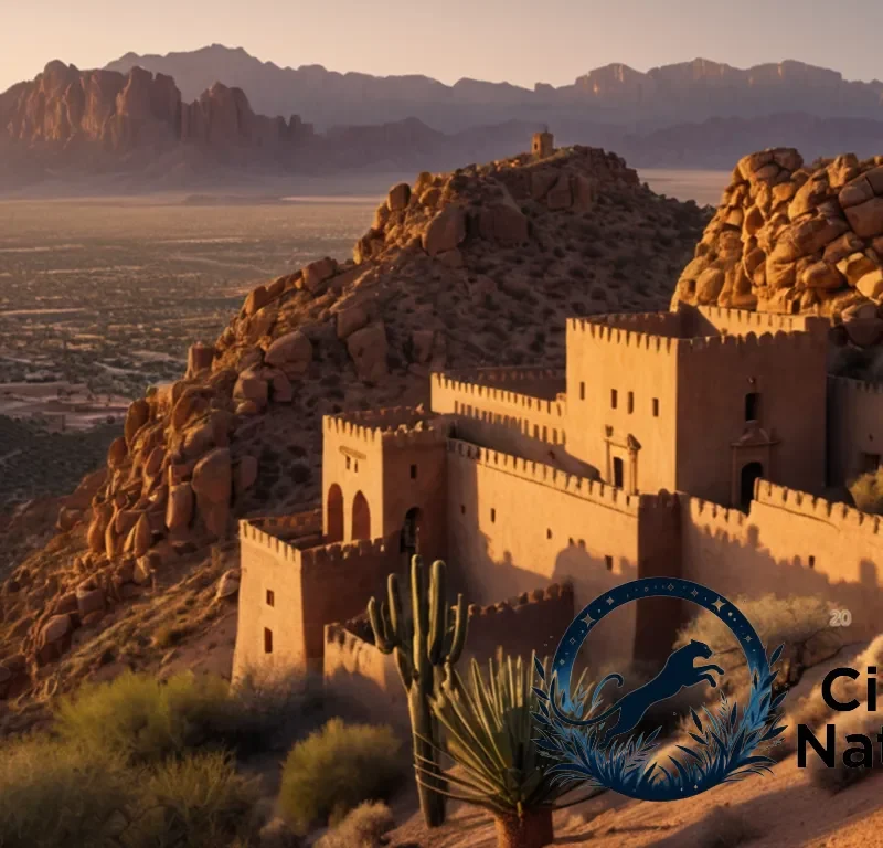 "The image should show a fortress complex in the midst of a rugged