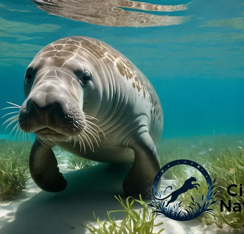 The image should show a majestic manatee grazing on lush seagrass in calm