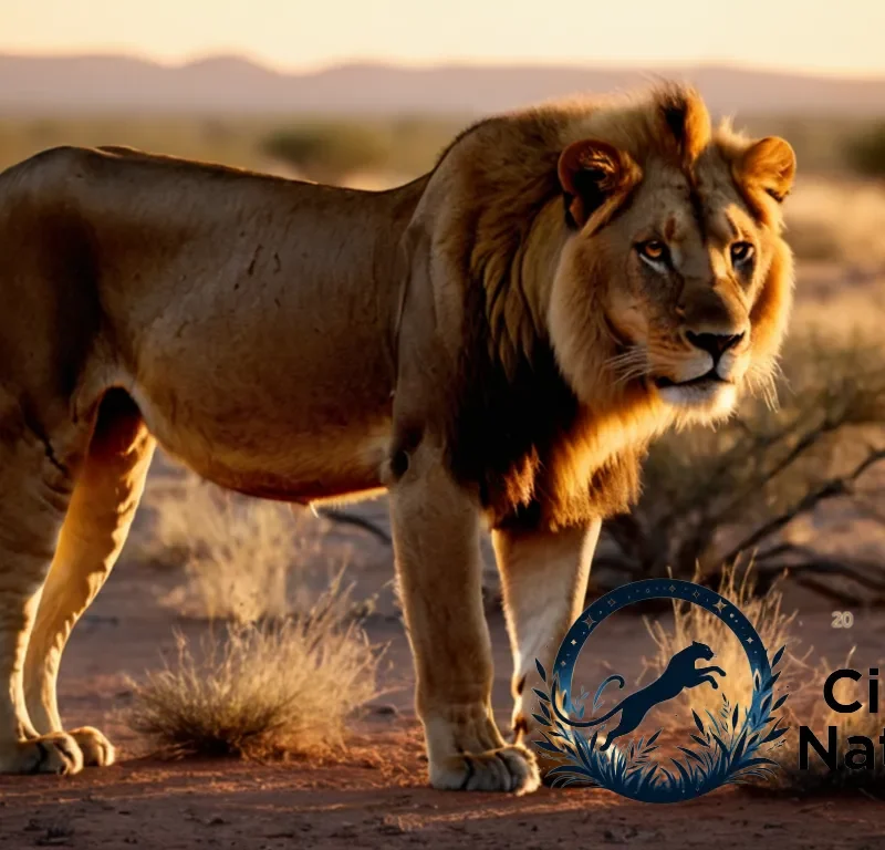 The image should show a majestic yet ravaged African lion standing regally in a desolate savannah landscape at dusk