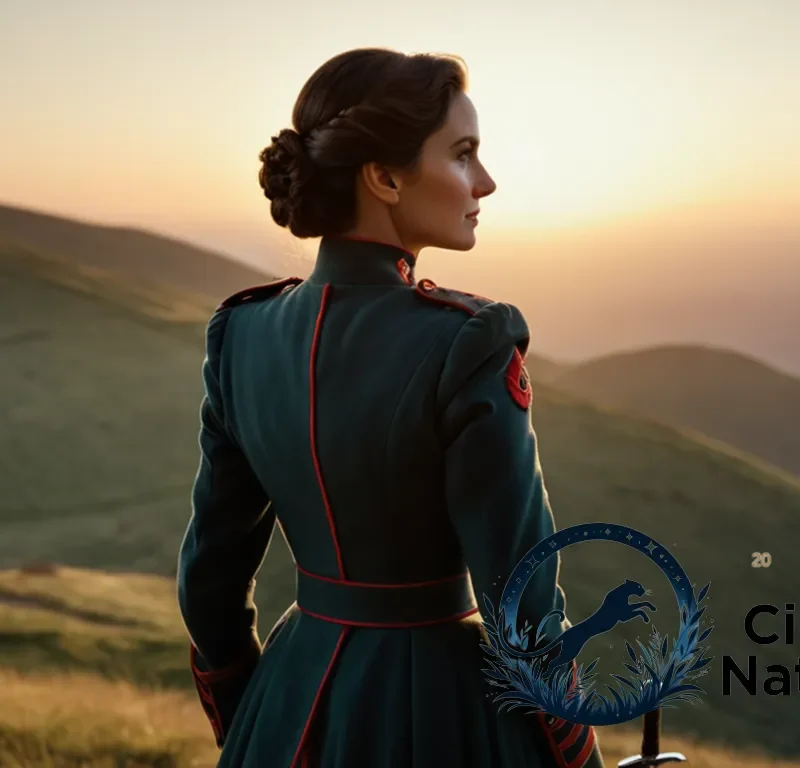 The image should show: A regal-looking woman dressed in elegant military attire stands confidently on a hillside at sunset