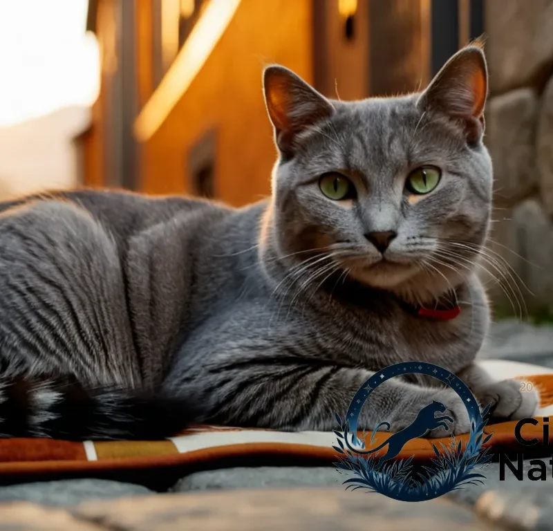 "The image should show a gentle grey cat with bright green eyes nestling comfortably on a worn patchwork cushion in a quiet alleyway at sunset