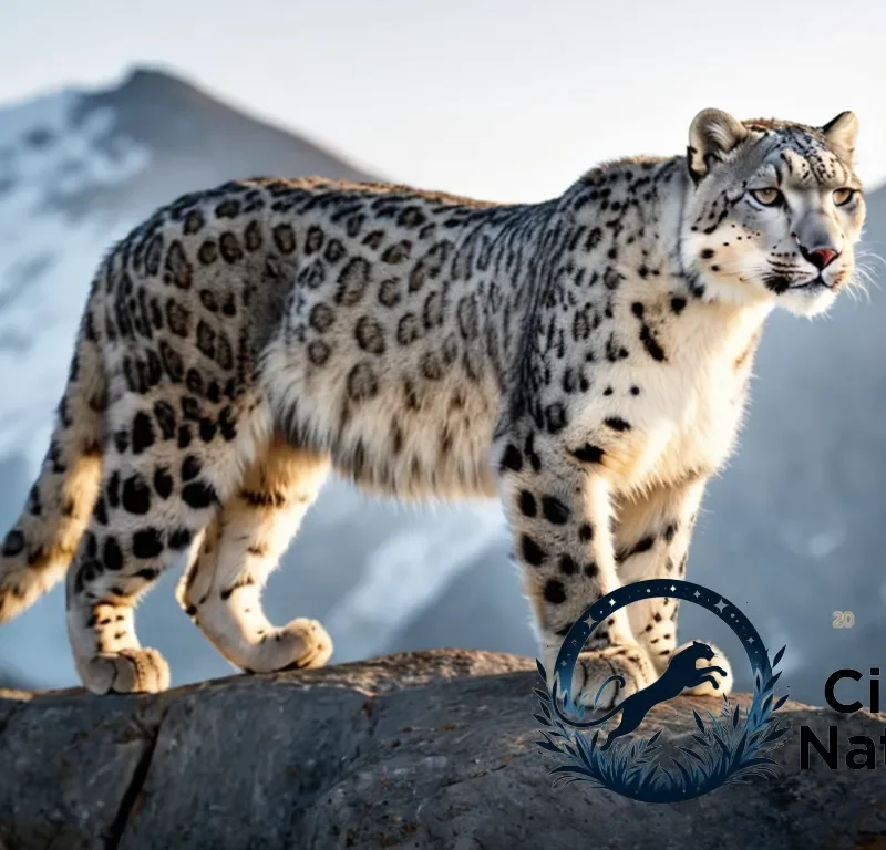 The image should show a majestic Snow Leopard (Panthera uncia) standing proudly on a rocky outcropping in a misty Himalayan landscape at dawn