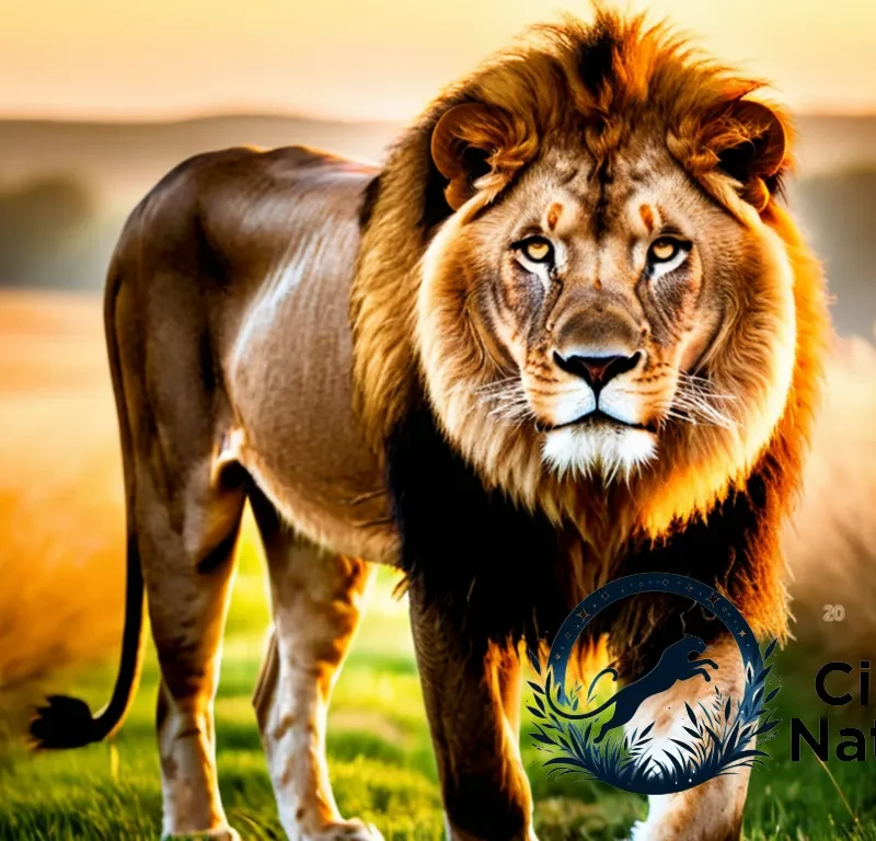 "The image should show: A majestic African lion's tawny mane blends into the savannah's golden grasslands as its piercing yellow eyes gaze directly at the camera