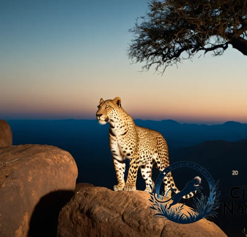"The image should show a majestic African leopard (Panthera leo bleyenberghi) standing on a rocky outcropping overlooking a vast expanse of savannah at dusk