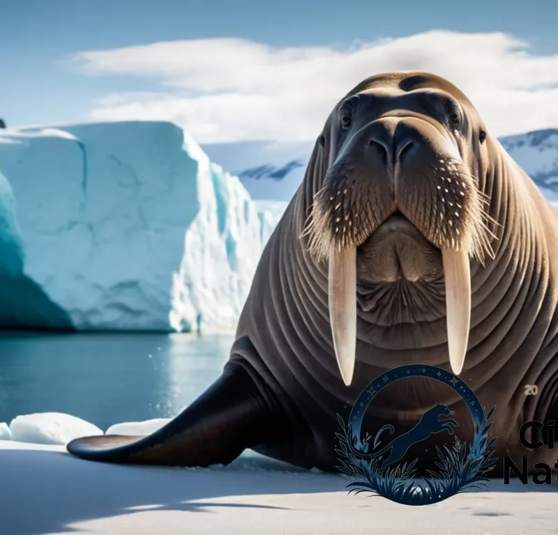 The image should show a majestic walrus standing at the edge of an icy fjord