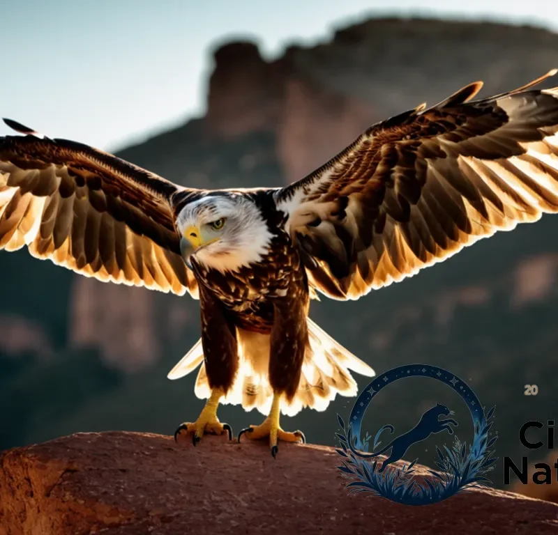 "The image should show a majestic Águila Arpía perched atop a rocky outcrop