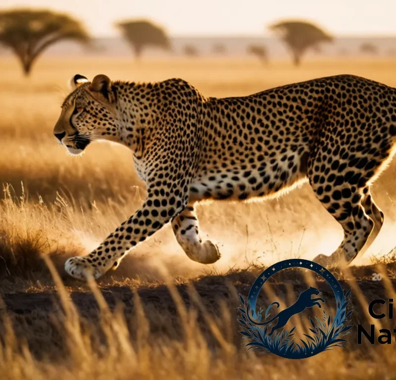 "The image should show: A majestic guepardo in mid-stride