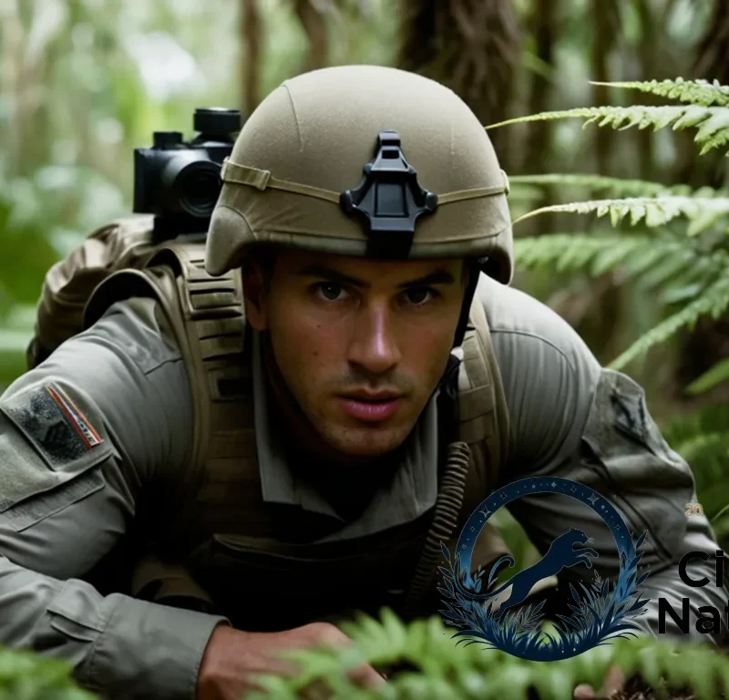 "The image should show: A sharp-eyed Special Forces soldier crouched behind a thick row of felled ferns in a dense jungle environment
