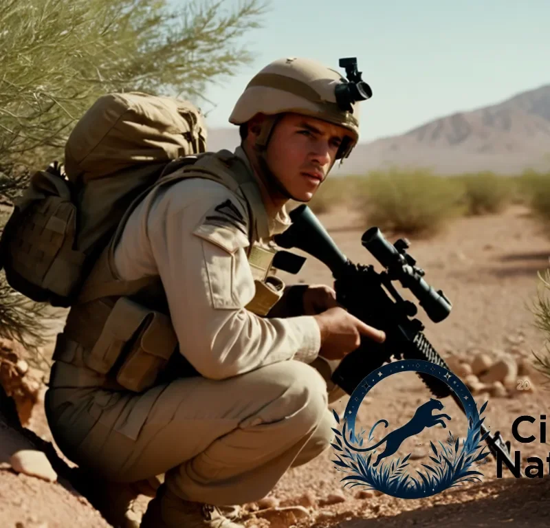 "The image should show a young soldier crouching behind a thorny acacia bush