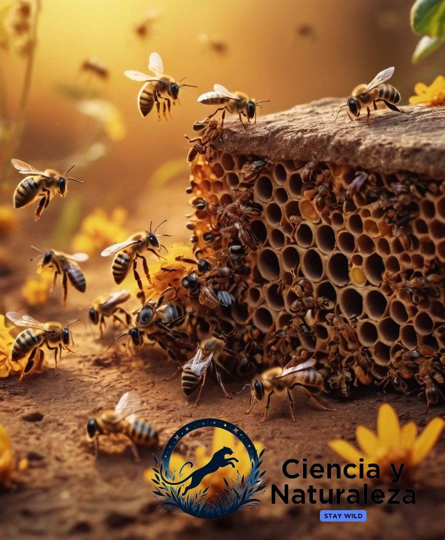 Bees and ants interacting, with a hint of mystery.