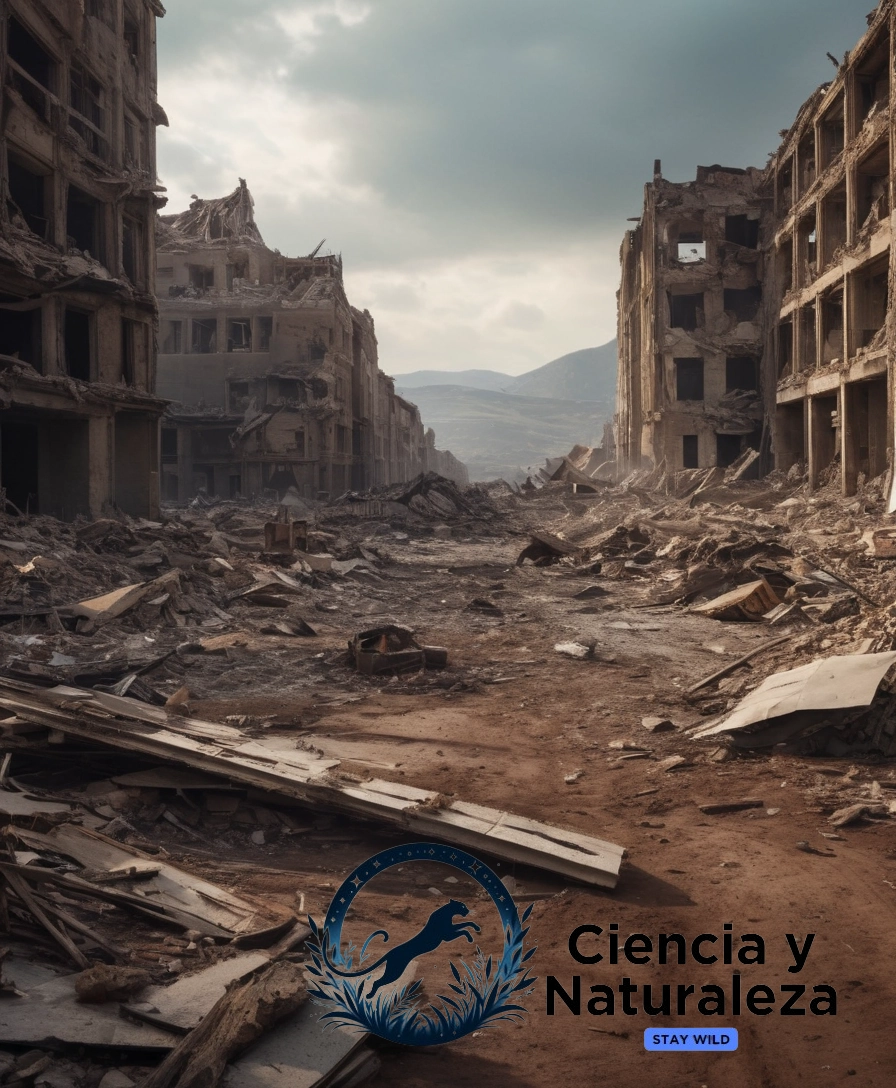 A dramatic, apocalyptic landscape with debris and destruction.