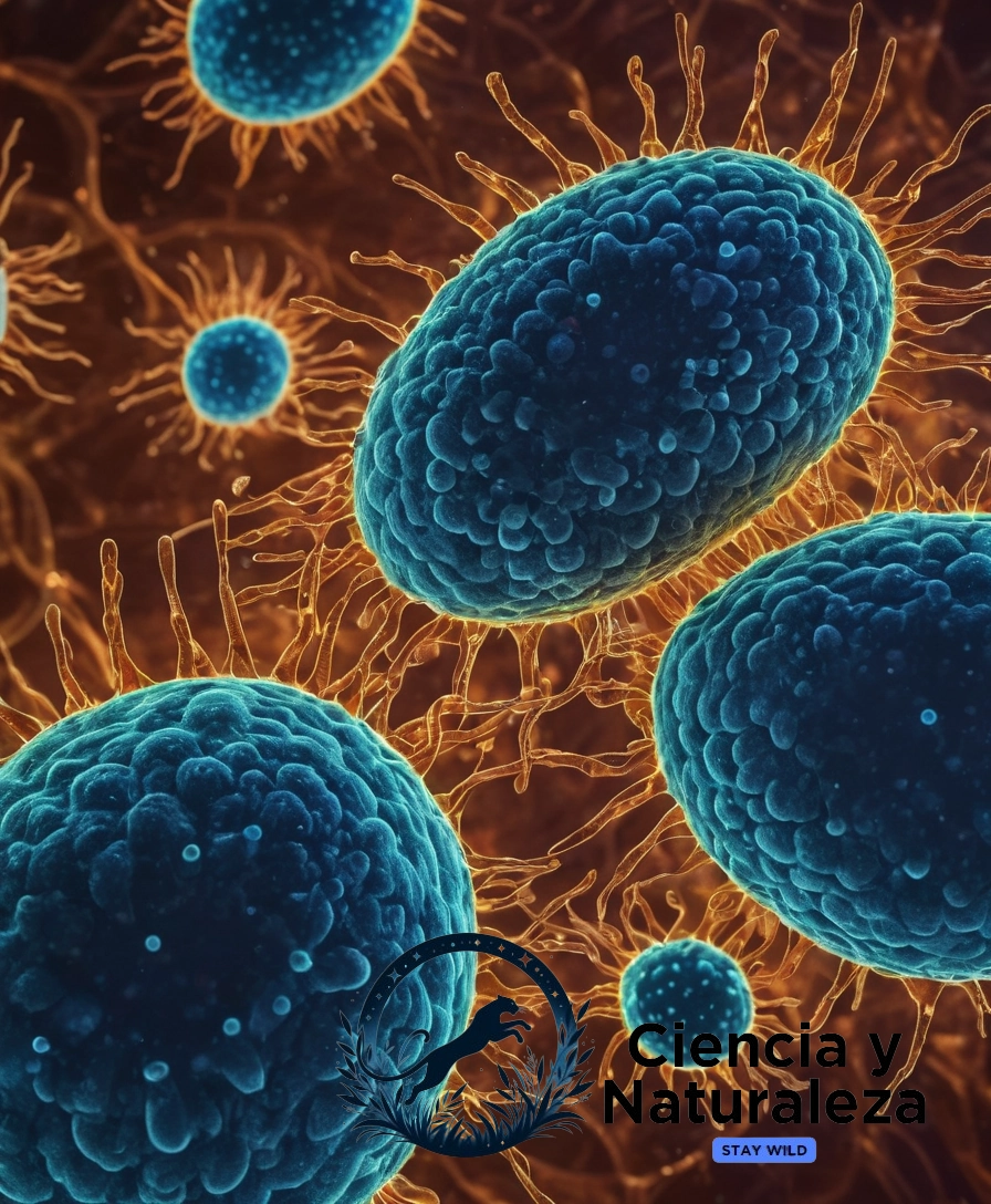 2 interacting organisms or cells surrounded by abstract symbiosis.