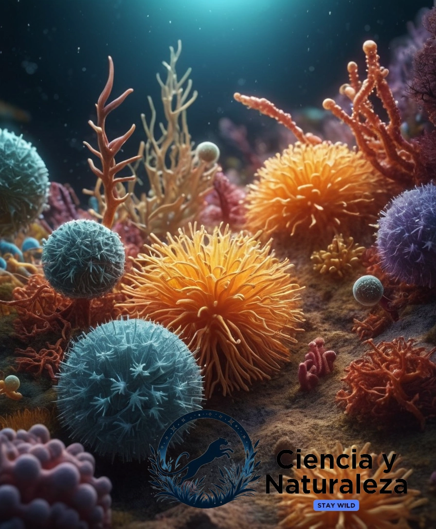 3D illustrations of microorganisms interacting.