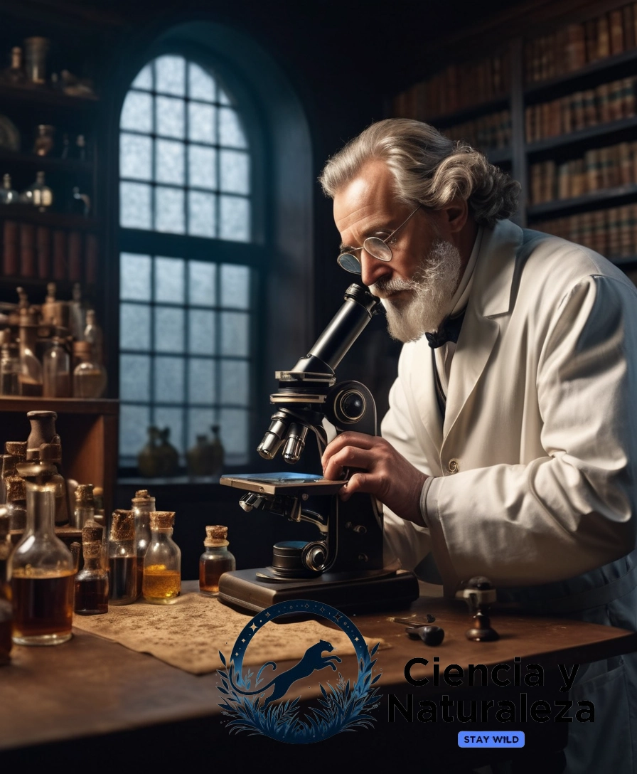17th-century scientist with microscope, surrounded by microorganisms.