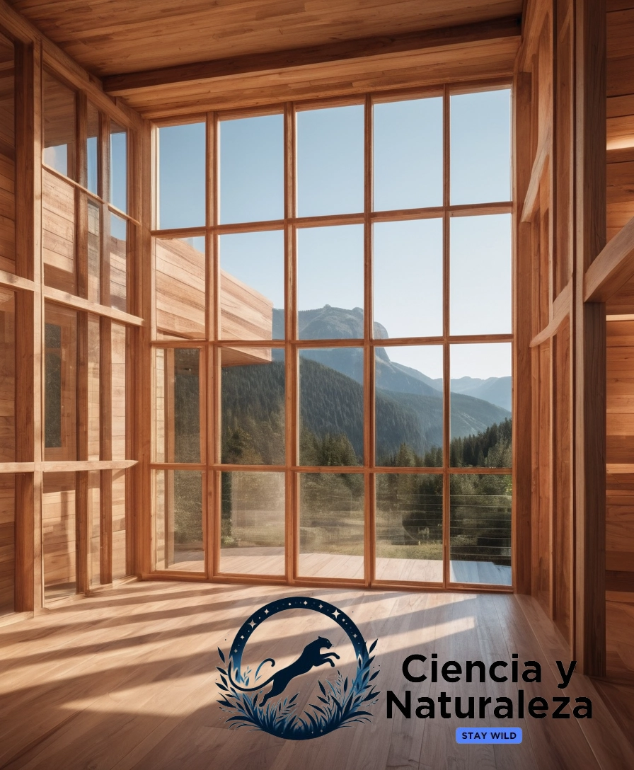 3D wooden structure with transparent wood panels.