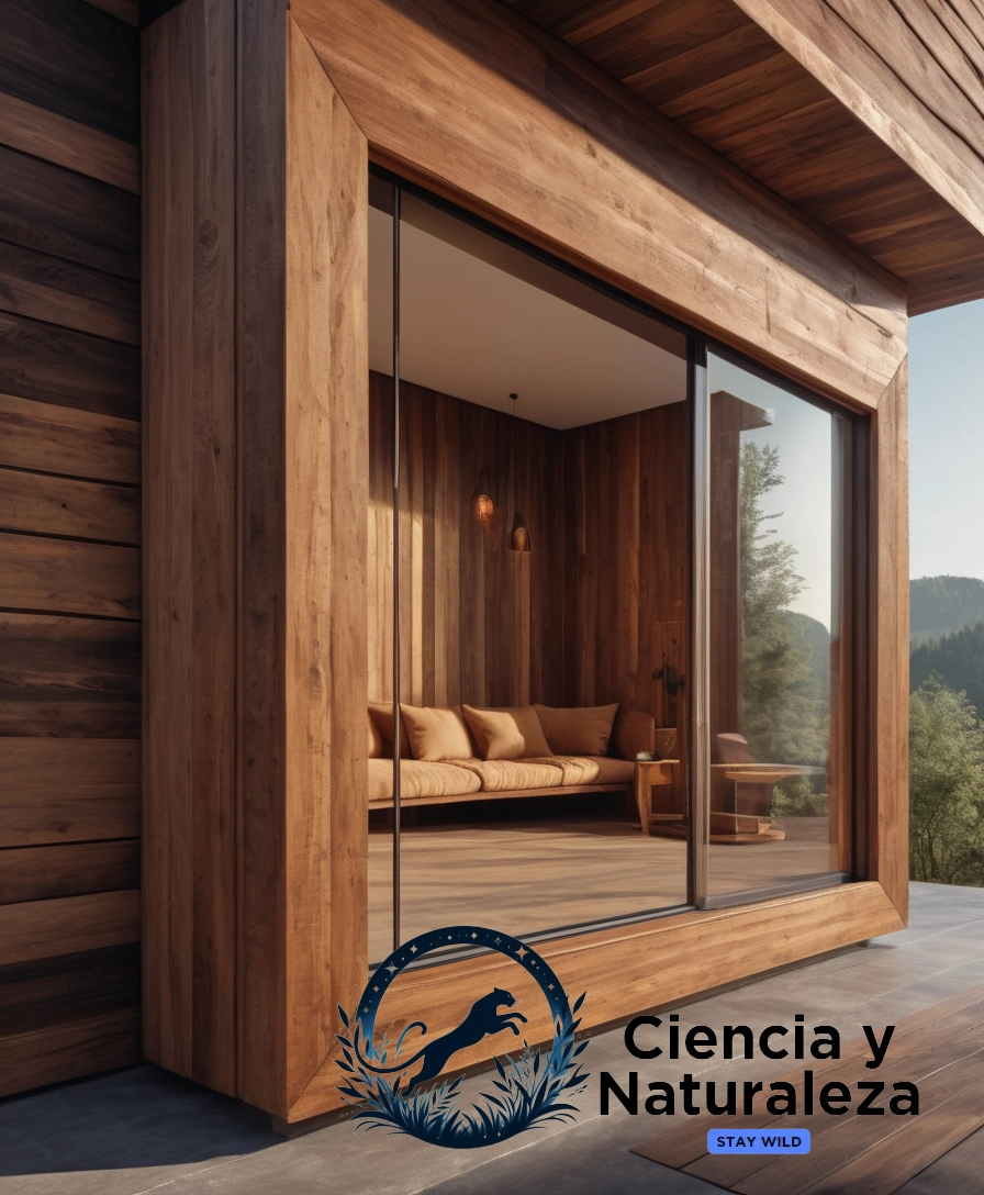 3D design with wooden elements and transparency.