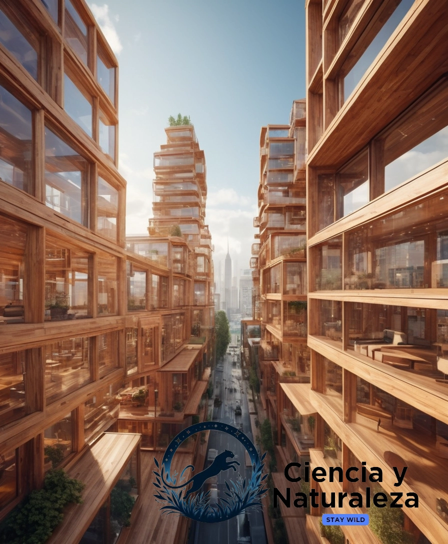 3D rendering of transparent wooden buildings in futuristic cityscape.
