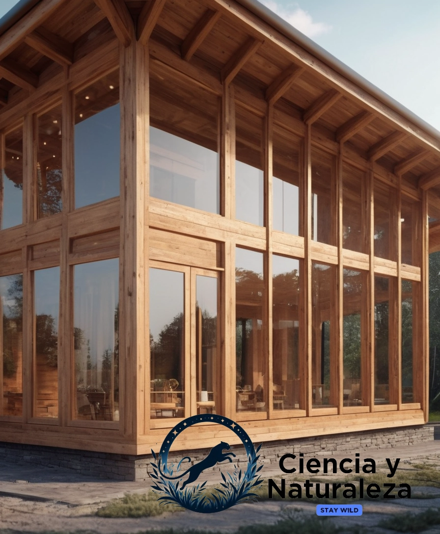 3D model of wooden building with transparent glass.