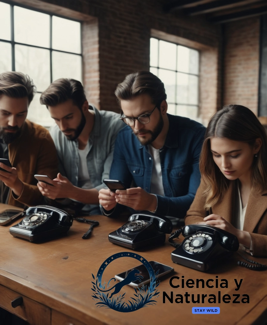3-4 people interacting with old phones and devices.