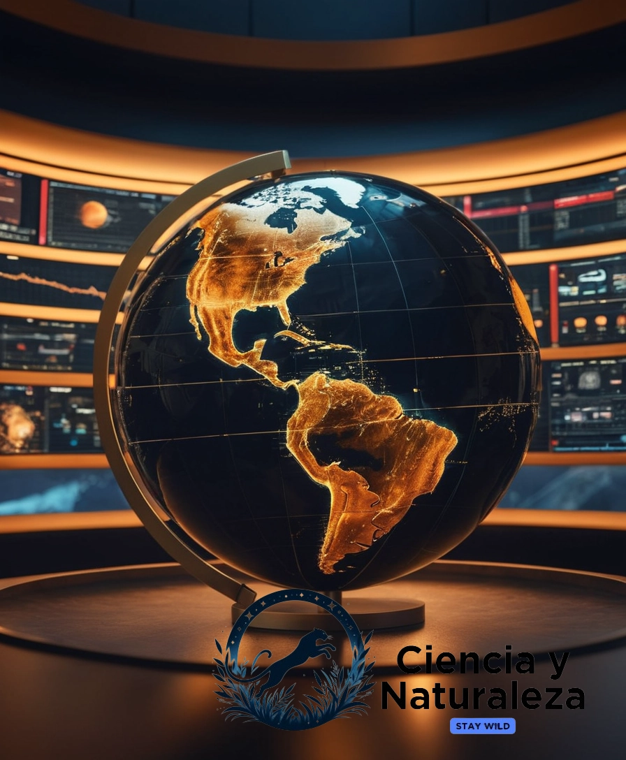 3D globe, communication symbols, and economic indicators.