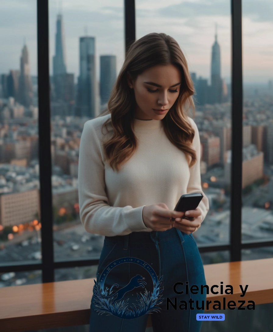 A person holding a phone amidst modern cityscape.