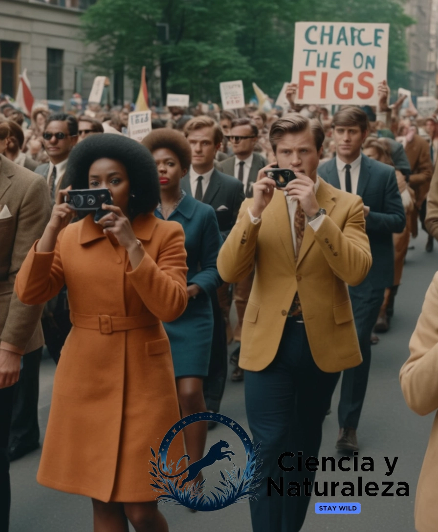 1960s-style protest marchers holding phones.