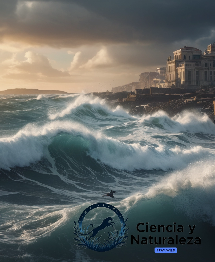 3D waves crashing, people running from destruction.