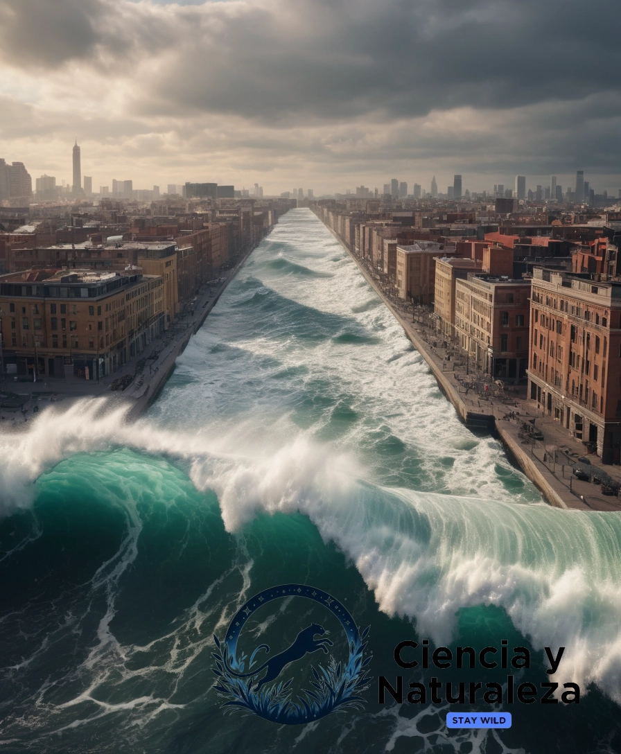 3D waves crashing on a cityscape, emphasizing danger and devastation.
