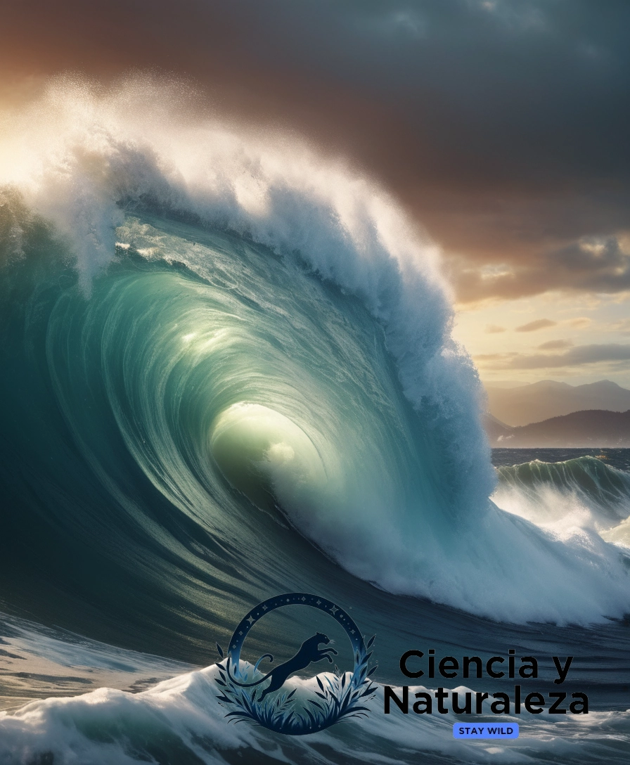 3D depiction of massive tsunami wave crashing ashore.
