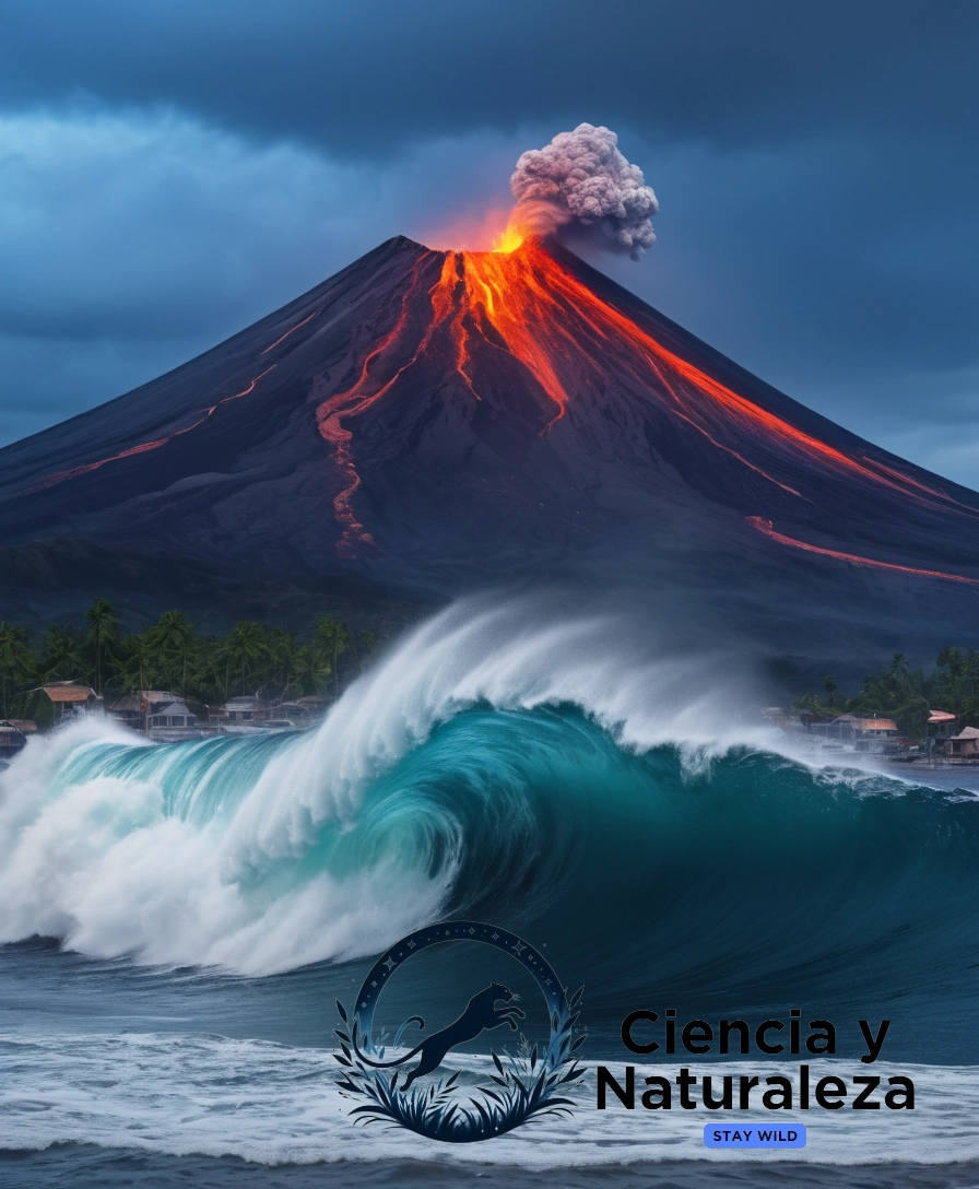 3D graphic of tsunami waves and volcanic eruption.