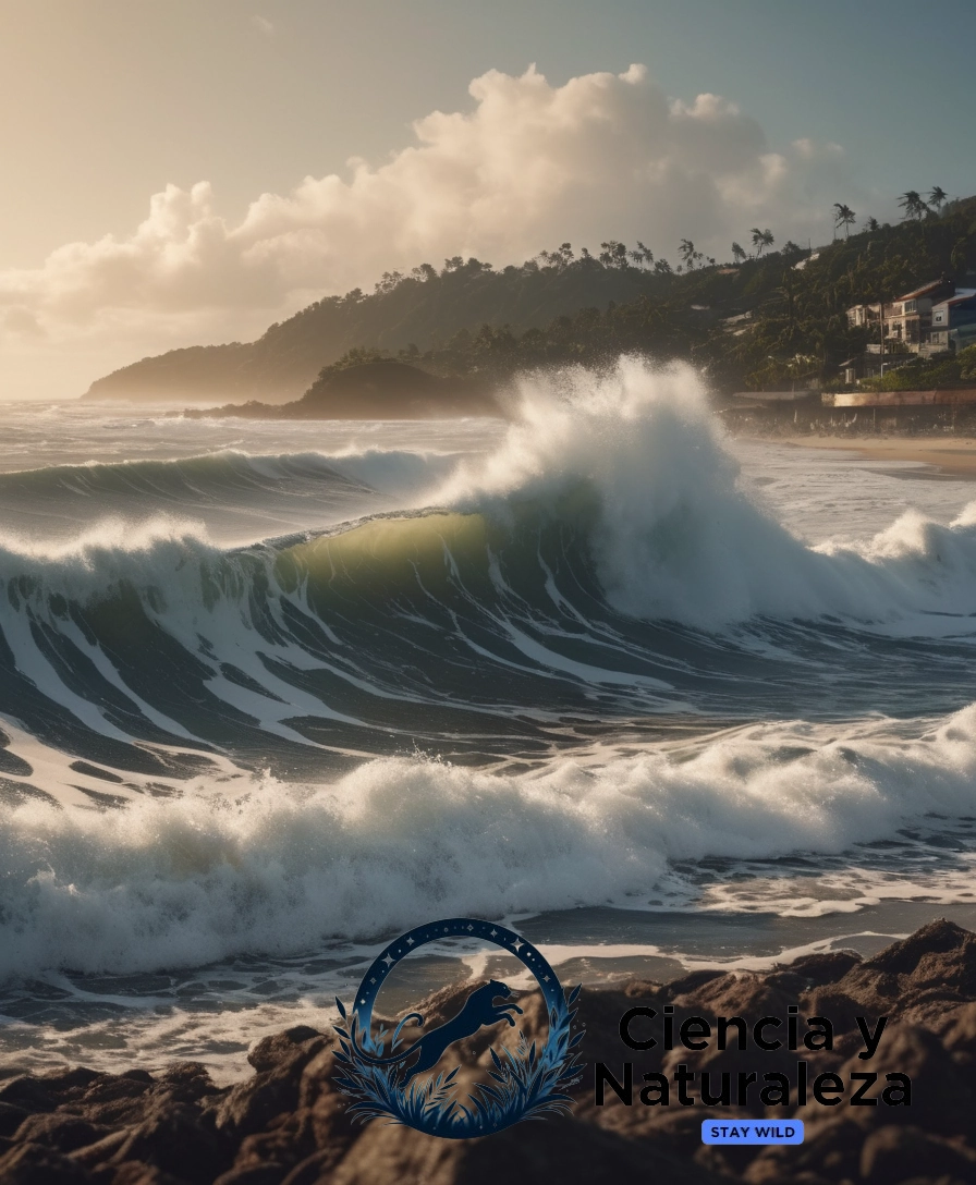 Devastated coastal area with tsunami waves crashing.