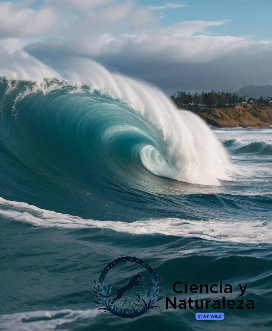 A dramatic tsunami wave hitting coastline, highlighting devastation.