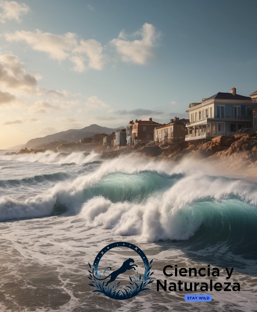 3D illustration of waves crashing on shore with destruction.