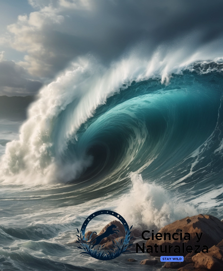 A dramatic tsunami scene with destruction and chaos.