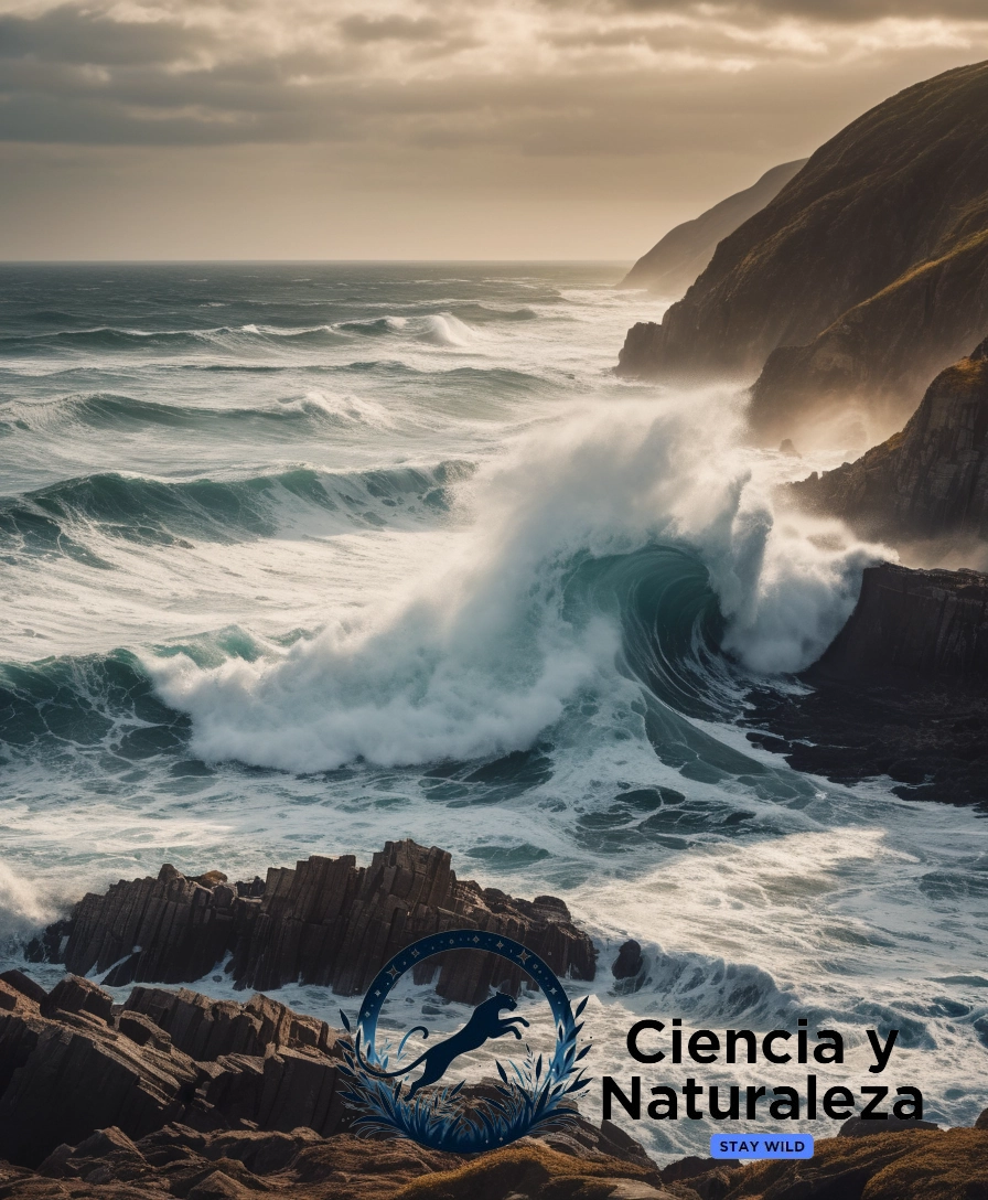 A dramatic wave crashing on a coastline, highlighting destruction.