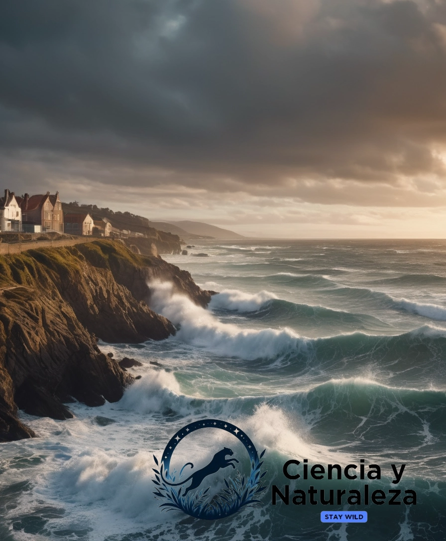 3D ocean waves crashing against a devastated coastline.