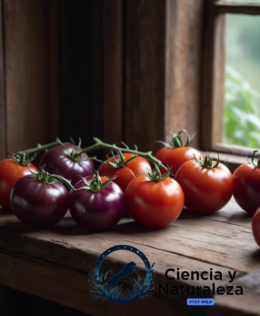 ripe, vibrant purple tomatoes on a rustic wooden table.