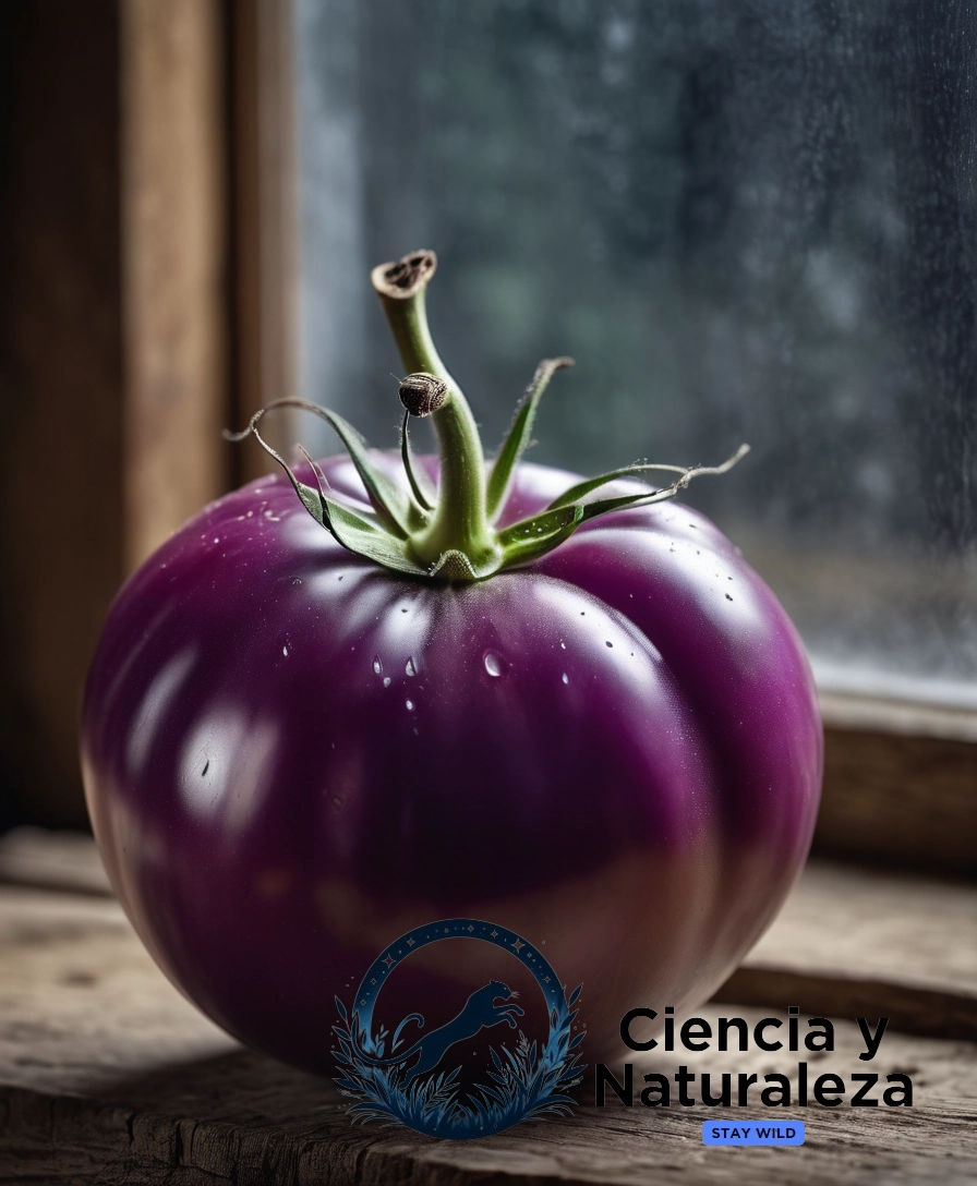 A vibrant purple tomato on a rustic background.