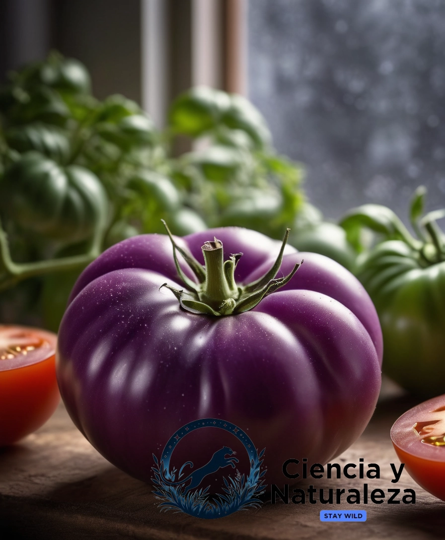 A vibrant purple tomato with a DNA helix overlay.