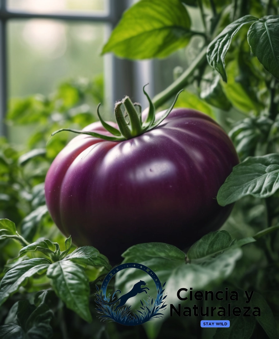 a vibrant purple tomato surrounded by green leaves and herbs.